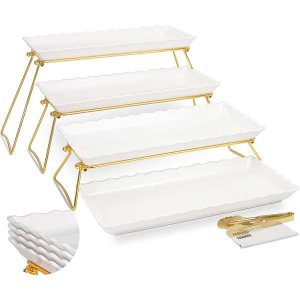 KAQAHIDO Extra Large 4 Tier Serving Tray Set, 34x22x10 inch Wave Edge Melamine