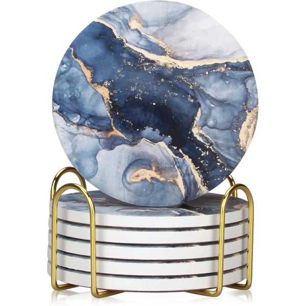 Coasters Set of 6, Navy Blue Marble Abstract Round Ceramic Coasters
