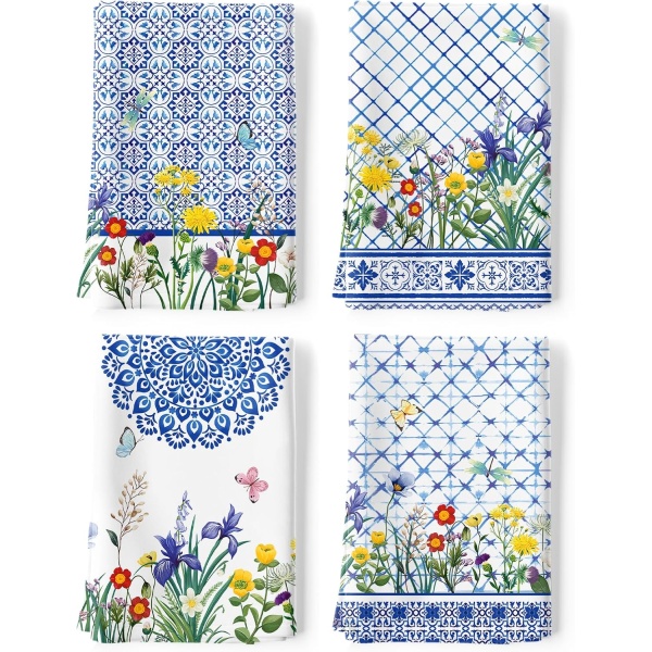 Wildflower Spring Summer Tea Towels, Rustic Floral Cotton Kitchen Towel