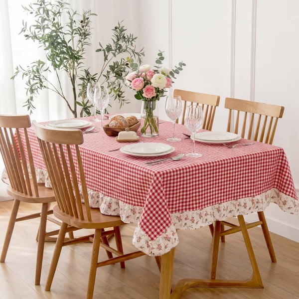 Boao 52 x 70 Inch Red White Plaid Ruffled Table Cloth Rectangle Cotton Gingham