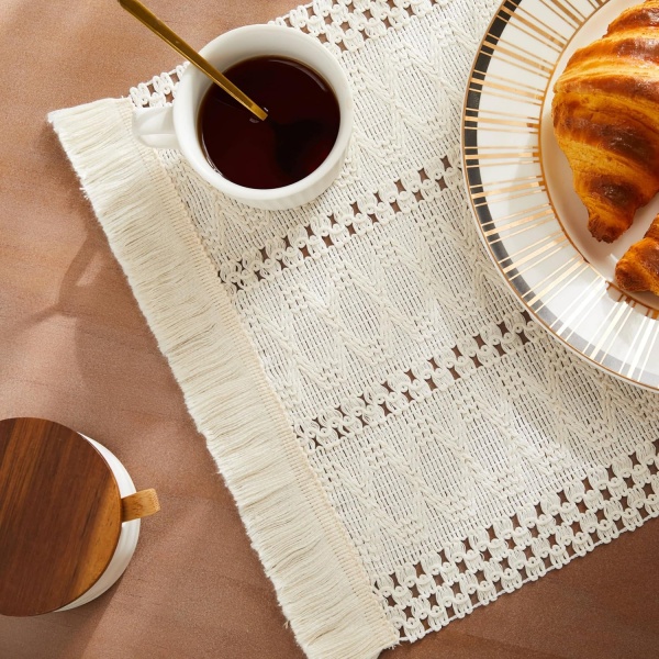ZeeMart Macrame Style Boho Placemats Set of 4, Ivory Decorative Natural